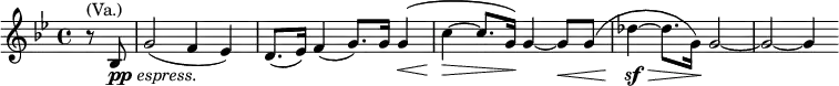  \relative g { \key g \minor \time 4/4 \partial 4 r8^\markup { (Va.)} bes8_\markup { \dynamic pp \italic { espress. } } g'2( f4 es) | d8.( es16) f4( g8.) g16 g4\<( | c4\!\>~ c8. g16\!) g4~ g8\< g( | des'4\!\sf\>~ des8. g,16\!) g2~ | g2~ g4 }