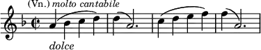  \relative c'' {\time 2/2 \key f \major \set Score.tempoHideNote = ##t \tempo "" 2 = 92 a4(_\markup{\italic dolce}^\markup{\right-align \smaller {(Vn.)}  \italic \smaller {molto cantabile}} bes c d) d( a2.) c4( d e f) f( a,2.)} 