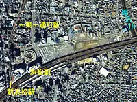 1988年頃の新浜松駅周辺。JR東海浜松駅の北西に移転した国土交通省 国土地理院 地図・空中写真閲覧サービスの空中写真を基に作成