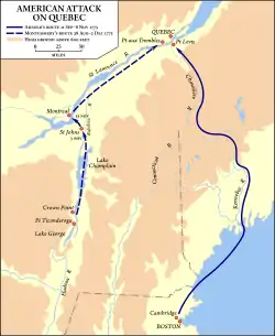 Montgomery's route started at Fort Ticonderoga in eastern upstate New York, went north along Lake Champlain to Montreal, and then followed the Saint Lawrence River downstream to Quebec.  Arnold's route started at Cambridge, Massachusetts, went overland to Newburyport and by sea to present-day Maine.  From there, it went up the Kennebec River and over a height of land separating the Kennebec and Chaudière watersheds to Lake Mégantic.  It then descended the Chaudière River to Quebec City.