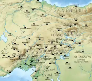 Geophysical map of eastern Anatolia and northern Syria, showing the main fortresses during the Arab–Byzantine frontier wars