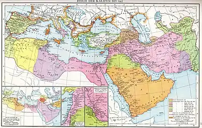 Multi-color map of the Mediterranean and the Middle East, showing the phases of Muslim expansion to the 10th century