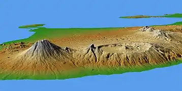 バリ島北東部の地形。左がアグン山右のカルデラはバトゥール火山