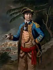 A knee-length mezzotint engraved portrait of Arnold.  This portrait is likely an artist's depiction and was probably not made from life.  Arnold is shown in uniform, wearing a blue jacket with epaulets, light-colored pants and shirt, and a red sash.  A sword handle is visible near his left hip, and his right hand is held out.  In the near background a tree is visible, and there is a town off in the distance behind him.