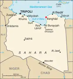 リビア北東部のベンガジの位置の位置図