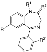 Chemical structure diagram of a benzene ring fused to a diazepine ring. Another benzene ring is attached to the bottom of the diazepine ring via a single line. Attached to the first benzene ring is a side chain labeled R7; to the second, a side chain labeled R2'; and attached to the diazepine ring, two side chains labeled R1 and R2.