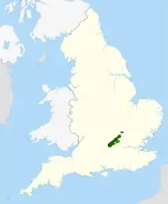 Map of England and Wales with a green area representing the location of the Chiltern Hills AONB