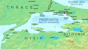 Geophysical map of the Marmara Sea and its shores, with main settlements of medieval times