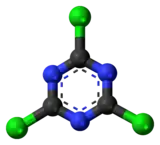 Ball-and-stick model of the cyanuric chloride molecule{{{画像alt1}}}