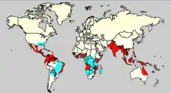 赤色は、ネッタイシマカが生息しておりデング熱が発生している地域。水色は、ネッタイシマカの生息域。2006年。