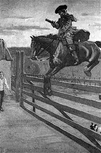 A monochrome illustration of a man on horseback, jumping a wooden gate. He is wearing a wide-brimmed hat, coat, trousers, and long boots.  His left hand holds the reins, in his right hand is a pistol.  A man stands in the near distance, in front of a toll booth, with a shocked expression on his face.  Obscured by the gate, a small dog watches proceedings.