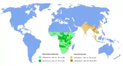 ゾウ類の分布茶色がアジアゾウ、緑色がアフリカゾウ属。薄い部分は20世紀には野性個体群が生息していた地域。