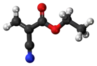 Ball-and-stick model of the ethyl cyanoacrylate molecule{{{画像alt1}}}