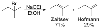 2-ブロモ-2-メチルブタンをナトリウムエトキシドなどの小さな塩基で処理すると、ザイツェフ生成物が得られる。