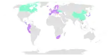 フェタの地理的表示が保護されている国々の世界における分布地図。