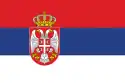 Flag of Serbia: A horizontal tricolor of red, blue. and white, with the lesser coat of arms