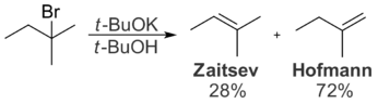 2-ブロモ-2-メチルブタンをカリウムt-ブトキシドなどのかさ高い塩基で処理すると、ホフマン生成物が得られる。