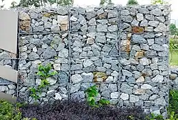 参考：石を詰めた蛇篭（英:gabion）。これで小さなダムを作ることもあるが、ダム直下に洗堀防止のため置くことのほうが多い。