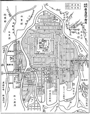 寛永年間の広島の絵図（『概観広島市史』より）。国泰寺新開、つまり河口付近だった事がわかる。