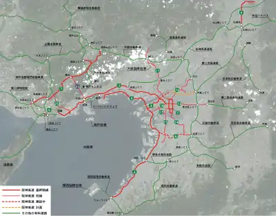 阪神地域におけるルート図。赤線が阪神高速。