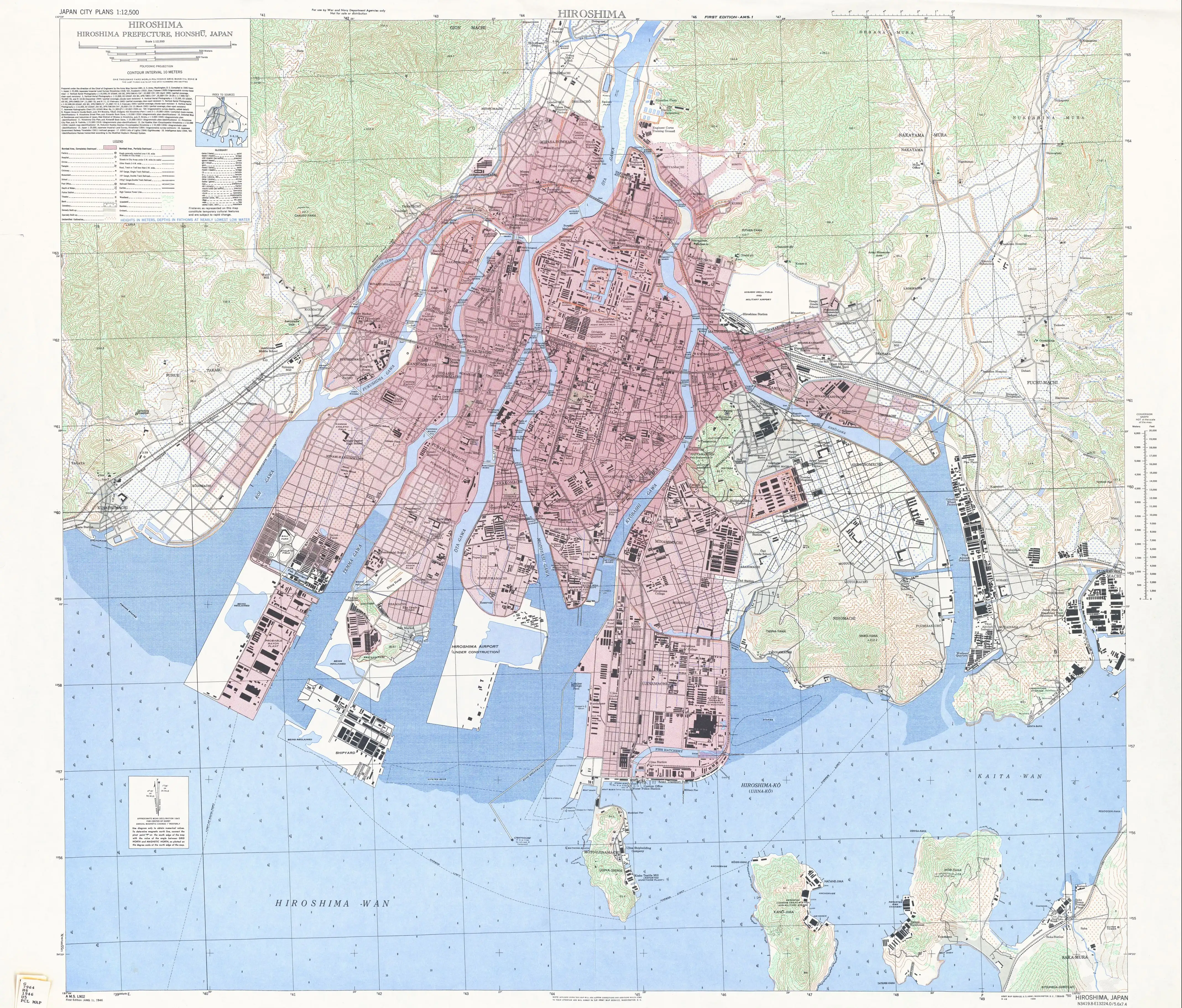 1945年アメリカ軍作成の広島市地図。文理大は"Imperial University Teachers College"と表記されている。