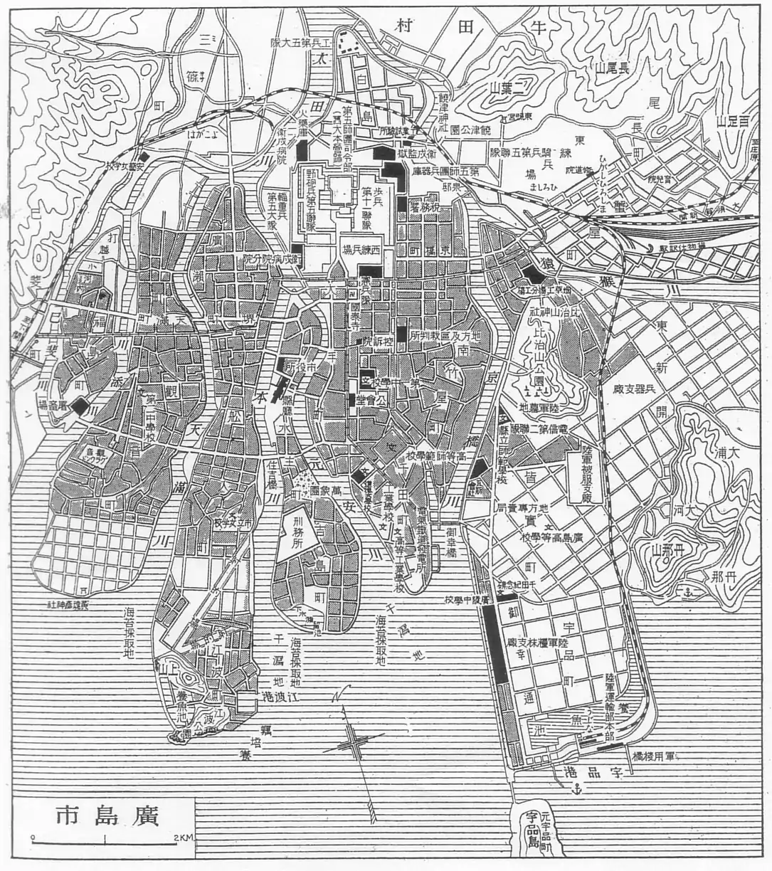 1930年（昭和5年）頃の広島市の地図。ほぼ中央に「校學中一第」（第一中学校）とある。