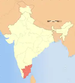 タミル・ナードゥ州の位置を示したインドの地図