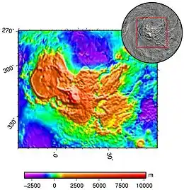 標高ごとに色分けされたイシュタル大陸の地形図