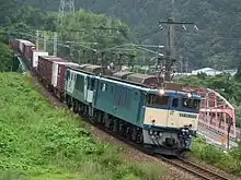 西線でのEF64形電気機関車によるコンテナ貨物輸送（大桑駅 - 須原駅間 2010年8月20日）