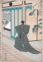 「撰雪六六談　加賀中将　六朔貢」　二代目歌川芳宗画、明治26年（1893年）9月。長裃の後姿を描く。