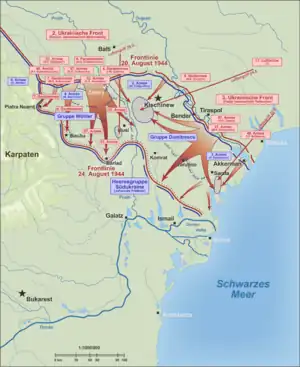 ルーマニア東部の戦線図。ドイツ軍が包囲殲滅されている