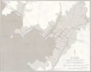 1950年代にアメリカ軍が作成した呉市中心部地図。"Miyahara Reservoir（宮原浄水場）"と"NIKŌ-GAWA（二河川）"が確認できる。二河水源地はこの地図より北に位置する。