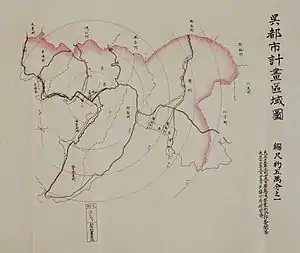 1924年都市計画図。左の呉市中心部を流れる左側の川が二河川で、その北側が呉市電二河橋。南側は呉線。