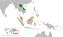 LaosとMalaysiaの位置を示した地図