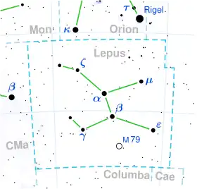 うさぎ座AF星の位置（丸で囲んだ部分）