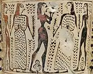 painting of two couples dancing to the sound of an aulos, in the orientalizing style