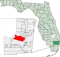 フロリダ州におけるブロワード郡の位置（右図）と、同郡におけるプランテーション市の位置