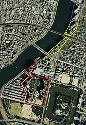 枠色は同様原爆スラムは消滅した1988年。国土交通省 国土地理院 地図・空中写真閲覧サービスの空中写真を基に作成