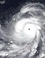 A visible image of Super Typhoon Nida, depicting a symmetrical storm and a clear eye, both of which are hallmarks of a powerful tropical cyclone.