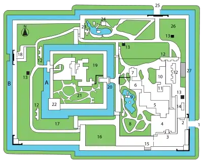 外堀（B）と内堀（A）を備えた二条城の図