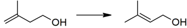 The isomerization of isoprenol to prenol, the second step in the industrial manufacture of prenol.