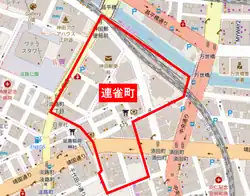 2020年（令和2年）時点をもとにした地図。赤枠内が連雀町に相当する。