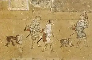 猿曳（猿飼）、『洛中洛外図屏風』（1520年代、16世紀）