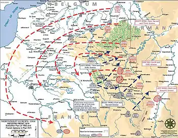 ドイツ軍がフランス北東部を進むことを示す線のある地図。