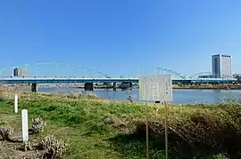 「矢口の渡し」跡と多摩川大橋（2014年3月）