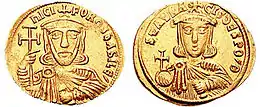 Obverse and reverse of a medieval gold coin, showing the busts of a bearded crowned man and of a younger crowned man