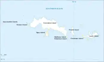  Outline map of a group of irregular-shaped islands the largest of which is labelled "Coronation Island". Laurie Island is shown at the eastern (right) end of the group.