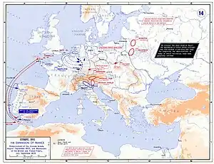 フランス軍が西欧に集中していることを示す地図。オーストリア軍は中央ヨーロッパに集中しており、ロシア軍は東欧から西へと進軍していた。