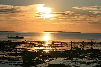 青い海に浮かぶ緑の小島、おおよそ2kmほど、日暮れを背にしている。写真の前側は潮が引いた浜で、数人が落し物を拾い歩いており、数艘の小船が浜に上げられている。