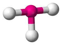 Skeletal model of a planar molecule with a central atom (iodine) symmetrically bonded to three (fluorine) atoms to form a big right-angled T